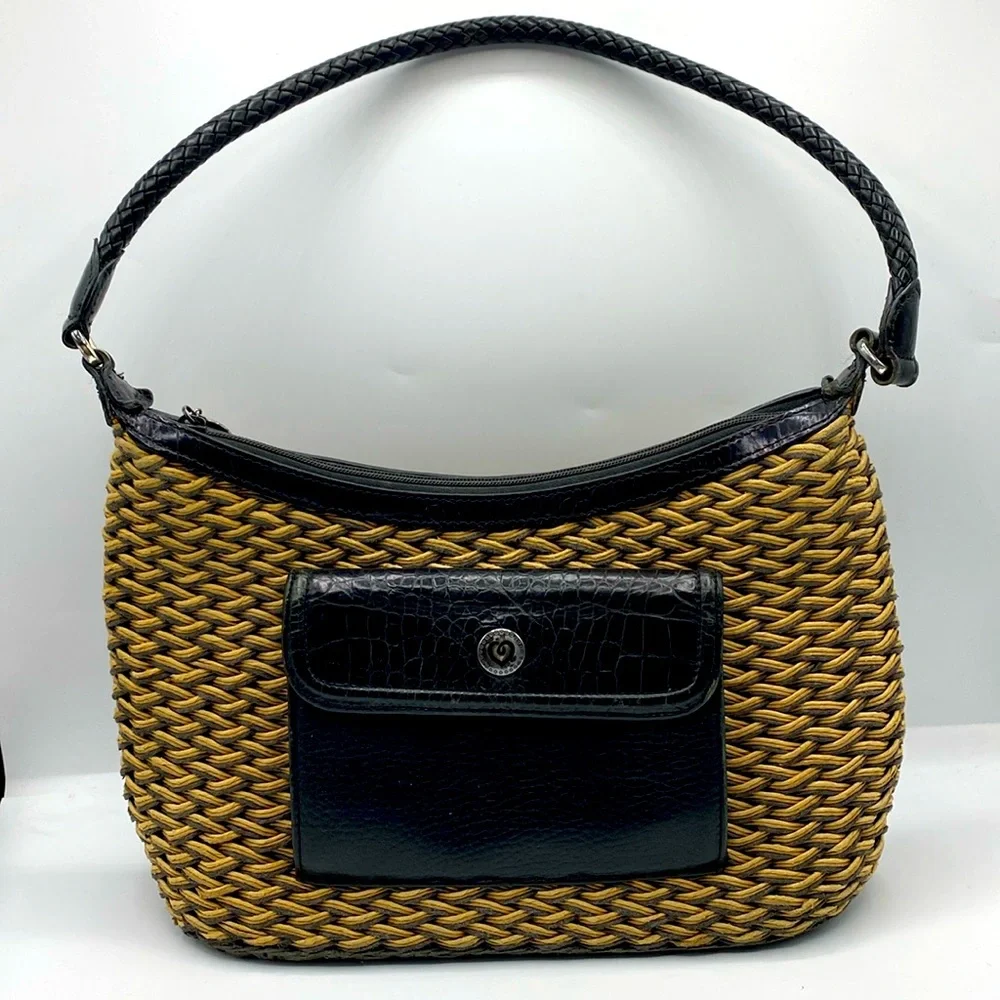 Vintage Genuine Brighton Woven Raffia Straw And Leather Trim Shoulder Bag